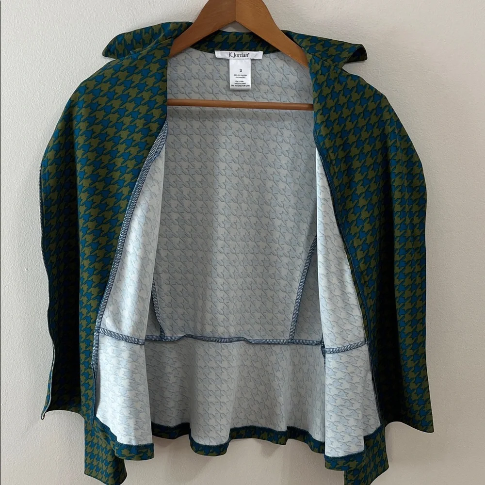 K Jordan Moto Houndstooth Blazer Jacket Top Size Small Green Blue lightweight